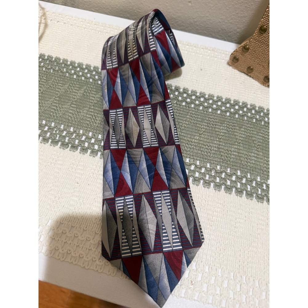 Polifroni Milano Tie OS Red Blue Grey Excellent Geometric Silk Hand Finished